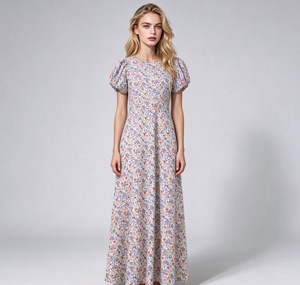 Robe longue en coton pour femme à motif floral, col rond, manches bouffantes, taille haute, coupe évasée, avec laçage, tenue décontractée d'été - Product Image 1