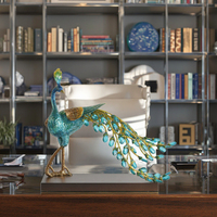 Luxe Émail Noyer Bois Paon Décor De Table Bureau Showpiece Sculpture Artisanat Accessoires De Noël Décor À La Maison Objets
