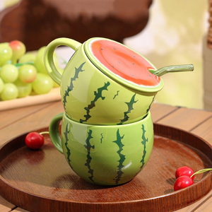 Novelty Watermelon <b>Ceramic</b> Mug with Lid and Straw Cute <b>Ceramic</b> Drinking <b>Cup</b> for Coffee and Water - Product Image 3