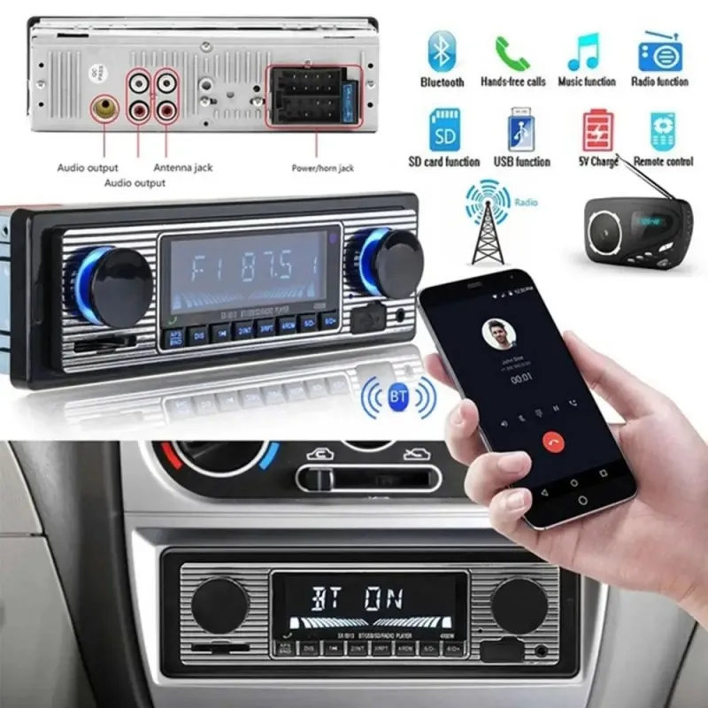 Kablosuz araç radyo 1 din Bluetooth Retro MP3 multimedya oynatıcı AUX USB FM uzaktan kumanda ile Vintage Stereo ses çalar oyna