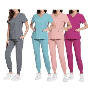 High quality scrubs uniforms sets v-neck short sleeves med couture front pocket light pink nursing scrubs uniforms sets