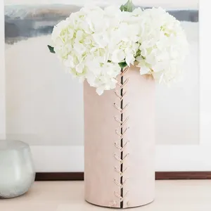 Custom Style Logo Leather Wrapped Vase PU Leather Plants Decorative Glass Flower Vase