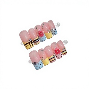 <span class=keywords><strong>Uñas</strong></span> Postizas Hechas a Mano B582, Almendradas, Manicura Francesa, Rosa Pastel, Amarillo, Azul, <span class=keywords><strong>con</strong></span> Puntos, <span class=keywords><strong>Rayas</strong></span>, Estrellas y Flores - Product Image 1