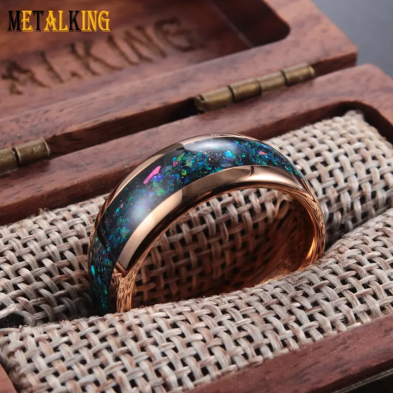 ギャラクシーオパールインレイローズゴールドタングステンカーバイドリング、男性と女性のための婚約結婚指輪リング