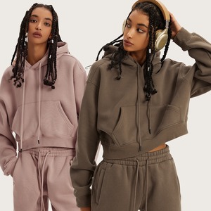 Áo Crop Top Màu Trơn Có Mũ Lông Cừu Dày 345gsm Nặng Châu Âu Và Mỹ Áo Hoodie Ngắn Hot Girls - Product Image 3
