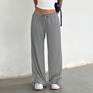 Striped Knit Wide Leg <b>Pants</b> Women Drawstring Waist Loose Fit Casual Lounge Trousers Soft Comfortable Long <b>Pants</b> - Product Image 3