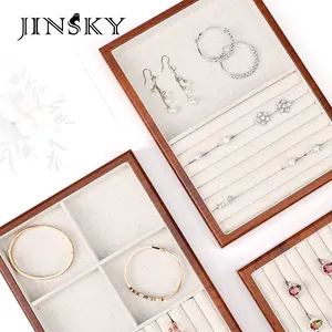 Jinsky fábrica personalizada madera anillo pendiente pulsera hecha a mano madera joyería exhibición bandeja Lino joyería exhibición bandejas