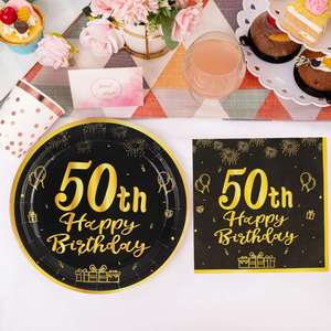 Modern 50th Birthday Party <b>Plates</b> Sustainable Greetings Paper with Gold Stars Design Black 9 Inch <b>Plates</b> - Product Image 2