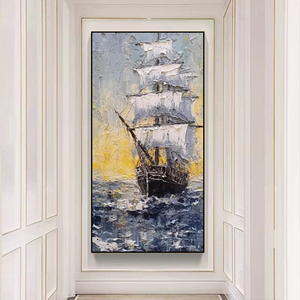 Pintura de barco de paisaje marino al óleo pintada a mano de Dafen en el lienzo del océano con decoración de Arte de Marco - Product Image 3