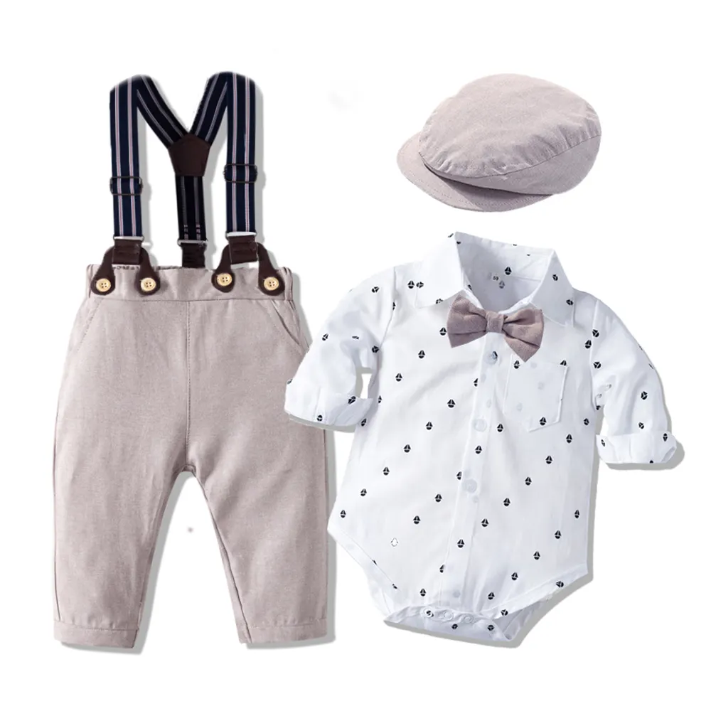 Großhandel maßge schneiderte Kleinkind Baby Jungen Kleidung Abendkleid Baby Boy Kleidung Set Hut Bogen Segel Print Hübsches Outfit Stram pler Anzug