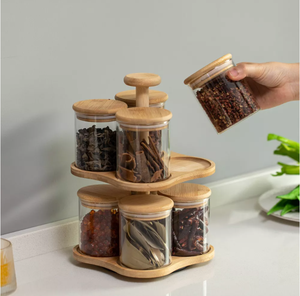 Kệ xoay tre hai tầng Basicwise với 8 lọ thủy tinh có nắp đậy kín 12 oz, giá để gia vị đa năng - Product Image 2