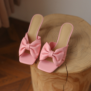 New Summer Luxury Sheepskin Leather Outdoor Heel Bride Wedding Party Women <b>Slide</b> Sandal With Bow <b>Slippers</b> - Product Image 6