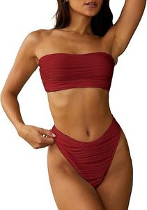 Custom Women Strapless Textured Bandeau Bikini 2 Piece Swimwear Cheeky Solid Breathable Quick Dry Front Logo Bathing Suits - Product Image 6