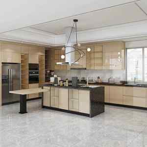 Armoires de cuisine modernes modulaires à finition brillante, portes en verre brunâtre de luxe, construction en contreplaqué, design imperméable, dosseret - Product Image 1