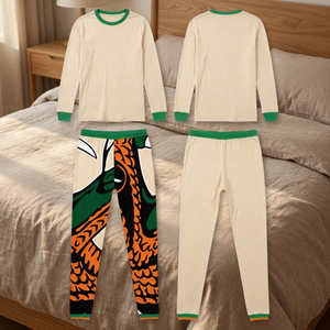 <b>Men's</b> Long Sleeve Crew Neck <b>Pajama</b> <b>Set</b> Beige Green Trim Orange Dragon Print Elastic Waist Casual Sleepwear - Product Image 3