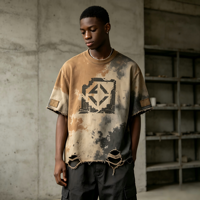 T-shirt épais délavé à l'acide, effet usé, tie-dye, logo géométrique Kornit DTG, effet pulvérisé, style vintage streetwear