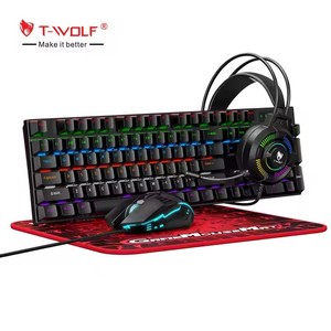 T-WOLF Tf700 Có Dây RGB <span class=keywords><strong>Backlit</strong></span> Esport Trò Chơi Cơ Khí 4in1 Bộ Bao Gồm Chuột Tai Nghe Mousepad Màu Xanh Lá Cây Thiết Bị Chuyển Mạch Cho Máy Tính Để Bàn Người Dùng - Product Image 1