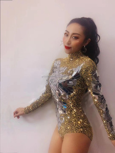 Maillot de corps avec des strass dorés brillants pour femmes, tenue de fête d'anniversaire, Costume de spectacle de chanteur et de Bar, - Product Image 4