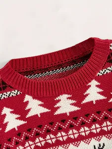 Custom FNJIA Women Jacquard Red Color Christmas Knitted Style Thick Long Sleeve Oversize Pullover Jumper Knitwear Sweater
