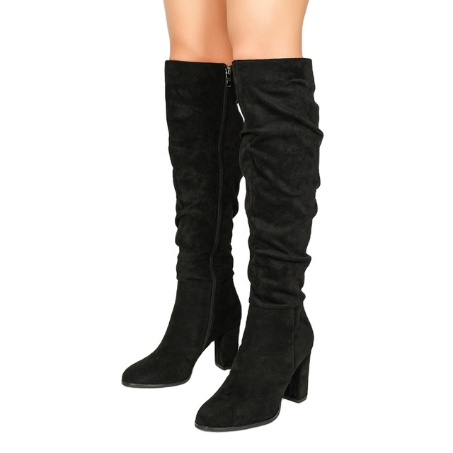 Ladies Black Knee-high Boots Block High Heels with Side Zipper Lace up Point Toe Platform Heel Sexy Women Shoes