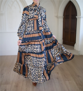 계층 새틴 맥시 원피스 겸손한 의류 여성 디자이너 의류 플러스 사이즈 가벼운 럭셔리 우아한 꽃 무늬 드레스 교회 - Product Image 1