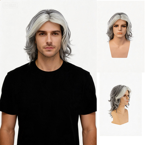 Perruque synthétique ondulée moyenne grise et blanche pour <span class=keywords><strong>homme</strong></span>, résistante <span class=keywords><strong>à</strong></span> la chaleur, pour déguisement et cosplay, avec des mèches douces et lisses, idéale pour un usage quotidien - Product Image 1