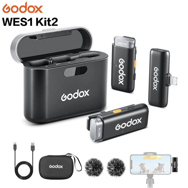 Godox WES1 Kit2 Wireless Lavalier Microphone for iPhone 8H Battery Life Dual Channel 2.4G Wireless Mic 200m Range Noise