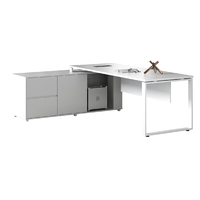 Bureau de direction moderne en forme de L, table de direction en bois, grand bureau de patron avec tiroirs et armoire latérale
