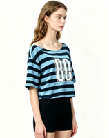 T-shirt court rayé à épaules dénudées pour femme - T-shirt décontracté ample à manches courtes imprimé 89