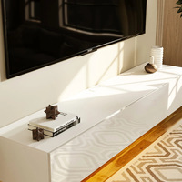 Meuble TV mural flottant en MDF blanc avec éclairage LED, console multimédia avec tiroirs de rangement, meuble TV brillant pour salon