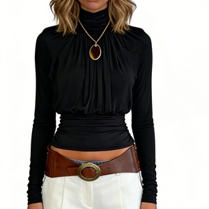 Top Corto de Manga Larga con Cuello Alto y Fruncido para Mujer, Elegante y Minimalista, a la Moda - Product Image 4