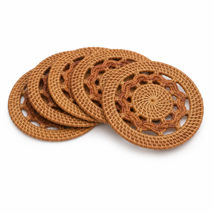 Plateau décoratif rond en rotin tressé à la main, accent de table rustique naturel pour la maison, l'hôtel, la station balnéaire, décoration intérieure bohème - Product Image 1