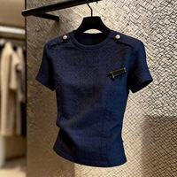 T-shirt unisexe à manches courtes coupe ajustée style bohème design français 2026 été bleu foncé boucle métallique respirant séchage rapide Spandex