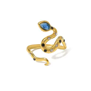 새로운 스타일 18k 금도금 다이아몬드 상감 뱀 반지 뱀 모양 다채로운 크리스탈 조정 가능한 반지 Cz 여자를 위한 오프닝 반지