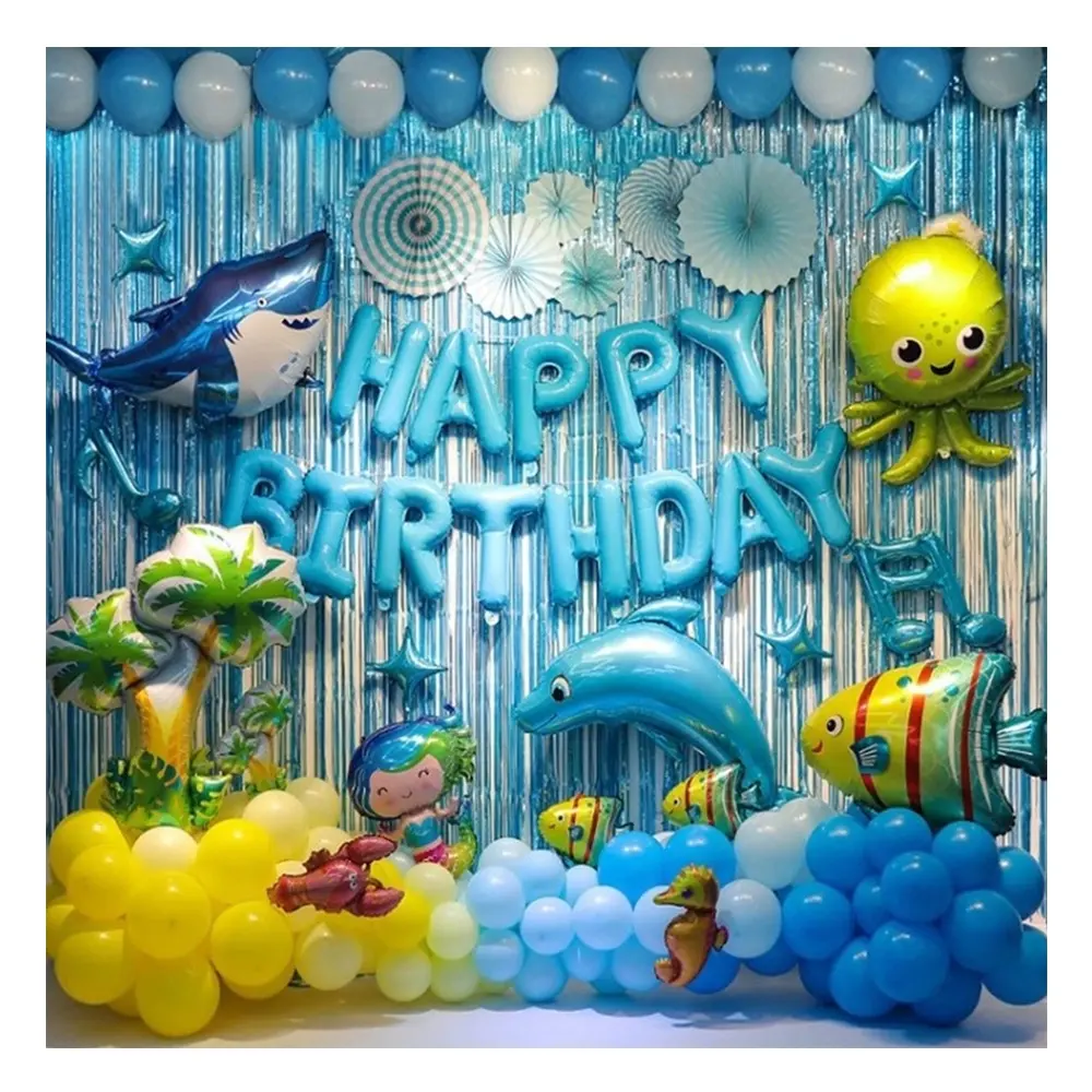 Set di decorazioni per palloncini in stagnola di squalo di cartone animato a tema animali oceanici per bambini forniture per feste di compleanno ragazzi ragazze