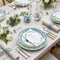 Service de table en céramique peinte à la main de style bohème moderne, bordure verte, assiettes en porcelaine, pour mariage, hôtel, restaurant, service de gâteaux