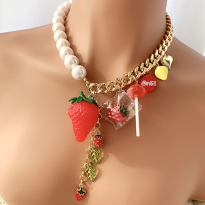 Collar de cadena cubana de perlas para mujer, accesorios de fiesta, collar de fresa con abalorios de resina múltiple, joyería bonita - Product Image 3
