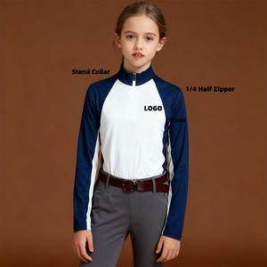 Camisa de equitación para niños con cremallera 1/4, azul y blanca, ropa de equitación de alta elasticidad con protección UV para niños - Product Image 1