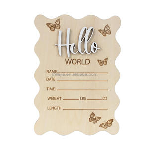 Bonjour monde bébé signe bois disque nom Plaque à la <span class=keywords><strong>main</strong></span> en bois carte d'annonce pour nouveau-né gravé annonce de naissance 'Hello - Product Image 2