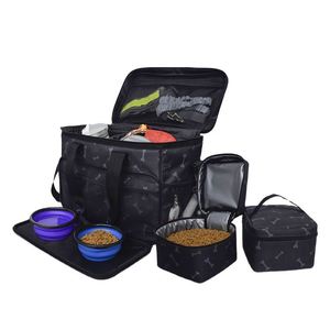 Sac de voyage pour animaux de compagnie de luxe, personnalisé, portable, motif en forme d'os, de haute qualité, pour chat et chien, avec deux contenants pour nourriture - Product Image 1
