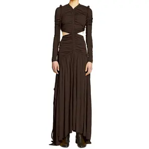 Yüksek V boyun geri görünmez fermuar tarafı kesip dantelli pileli asimetrik Hem Jersey Casual Maxi elbise