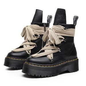 Stivali <span class=keywords><strong>Alti</strong></span> in Pelle con Motivo Litchi da Uomo e <span class=keywords><strong>Donna</strong></span>, Allacciatura Incrociata a Metà Polpaccio, Stivali Martin Distintivi con Punta Rotonda e Cerniera Laterale - Product Image 1