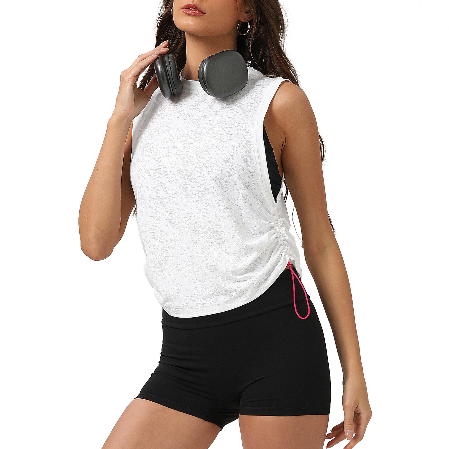 Women's Breathable Yoga Tank Top, Loose Round Neck Sleeveless Sports Shirt, Drawstring Hem Snowflake Jacquard Gym Cover up