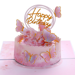 Vente en gros <span class=keywords><strong>de</strong></span> nouvelles cartes <span class=keywords><strong>de</strong></span> vœux 3D pop-up Joyeux Anniversaire, papillon rose, fleur <span class=keywords><strong>de</strong></span> cerisier, gâteau, pour fête d'anniversaire, cadeau - Product Image 2