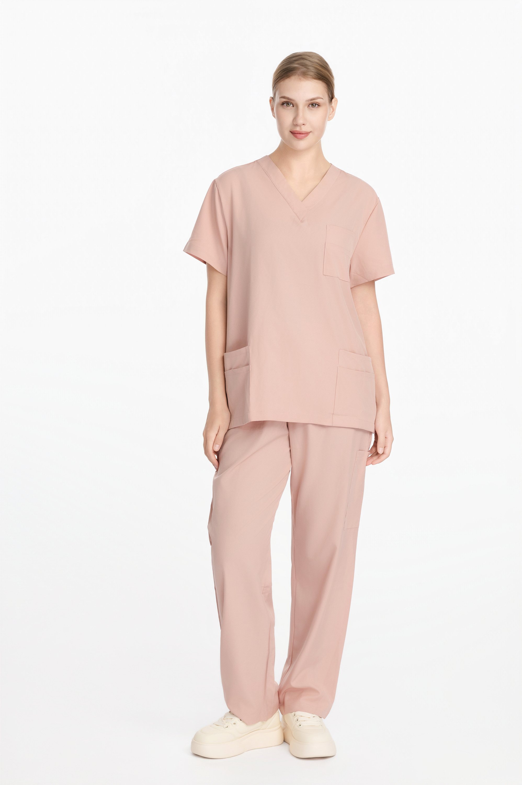 Light Pink V-neck Women's Medical Scrub Set
