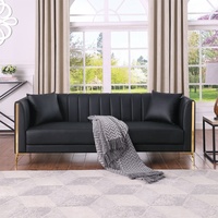Modernes PU-Leder Ecksofa mit Holzbeinen, 3-Sitzer mit 2 Kissen für Wohnzimmer und Villa