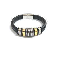 Bracelet tendance pour homme en acier inoxydable tressé avec cuir, design géométrique, plaqué argent, accessoire de mode pour poignet - Cadeau incontournable