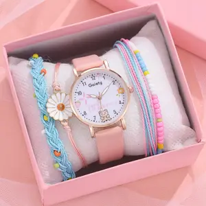 Conjunto de pulseira de relógio feminina, conjunto de pulseira de relógio feminino com 5pcs de couro, relógio de pulso de urso para meninas