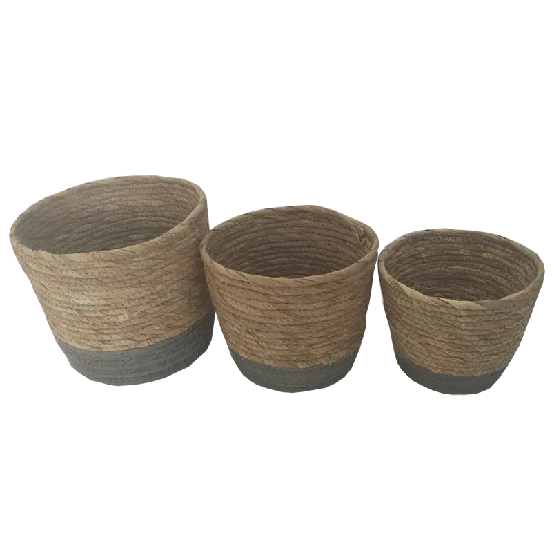 Set of 3 Handmade Woven Storage basket round shape rush & paper string Basket