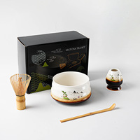 Bol à matcha en céramique durable à texture peinture paysagère et support pour fouet, accessoires et outils pour matcha, ensembles de fouets